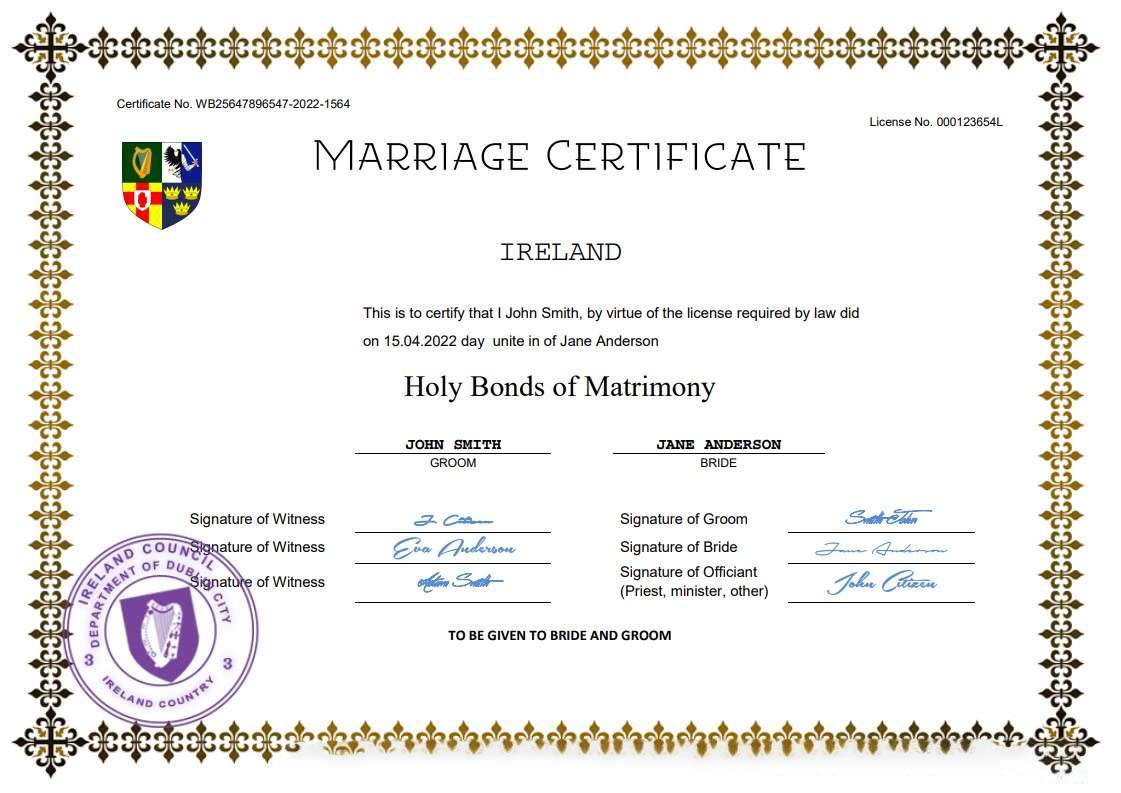 Ireland marriage certificate Word and PDF template download template file