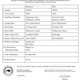 Australia Jervis Bay Territory marriage certificate template in Word download template file