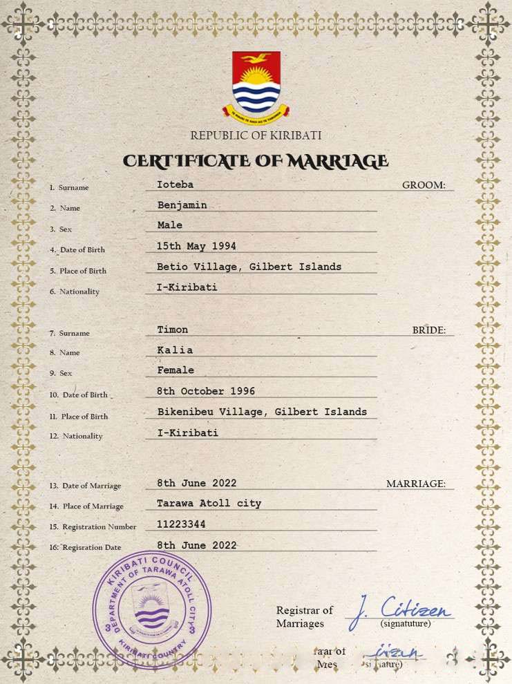 Kiribati marriage certificate PSD template download template file