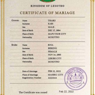 Lesotho marriage certificate PSD template download template file