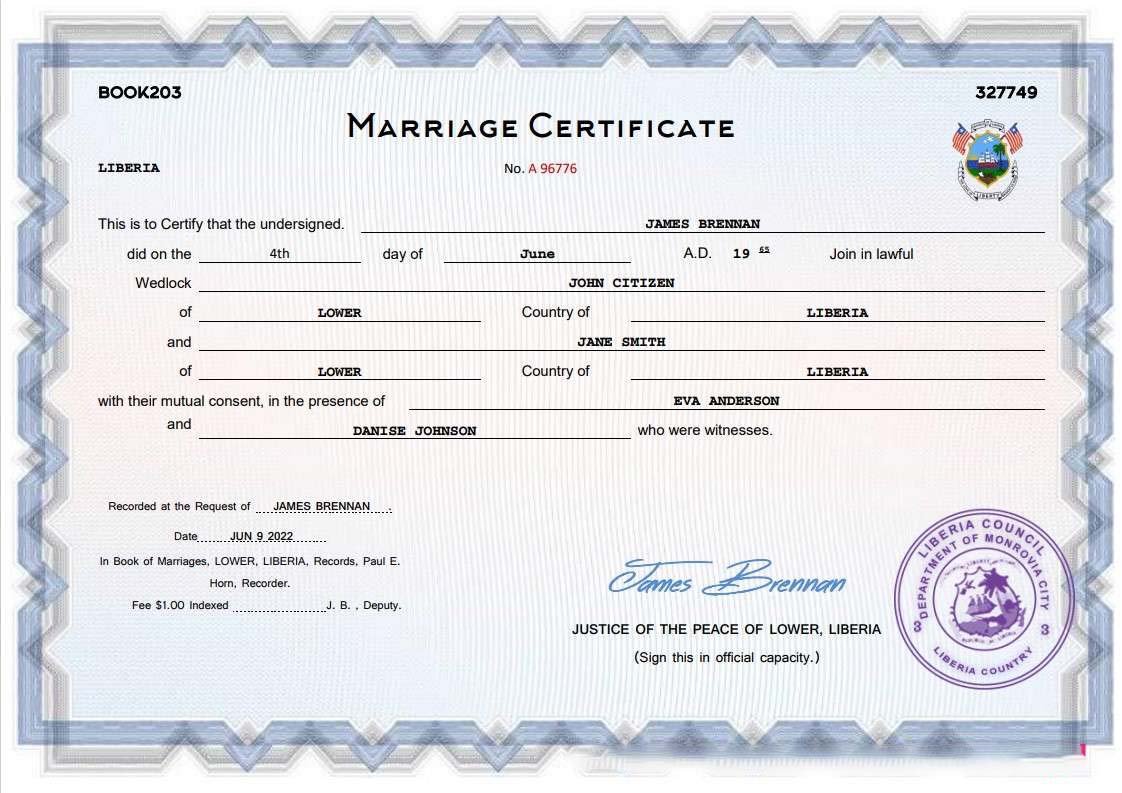 Liberia marriage certificate Word and PDF template download template file