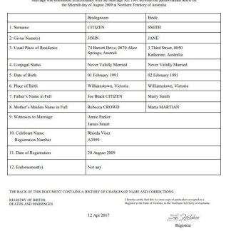 Australia Northern Territory of Australia marriage certificate template in Word download template file