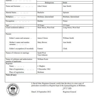 Australia Queensland marriage certificate template in Word download template file