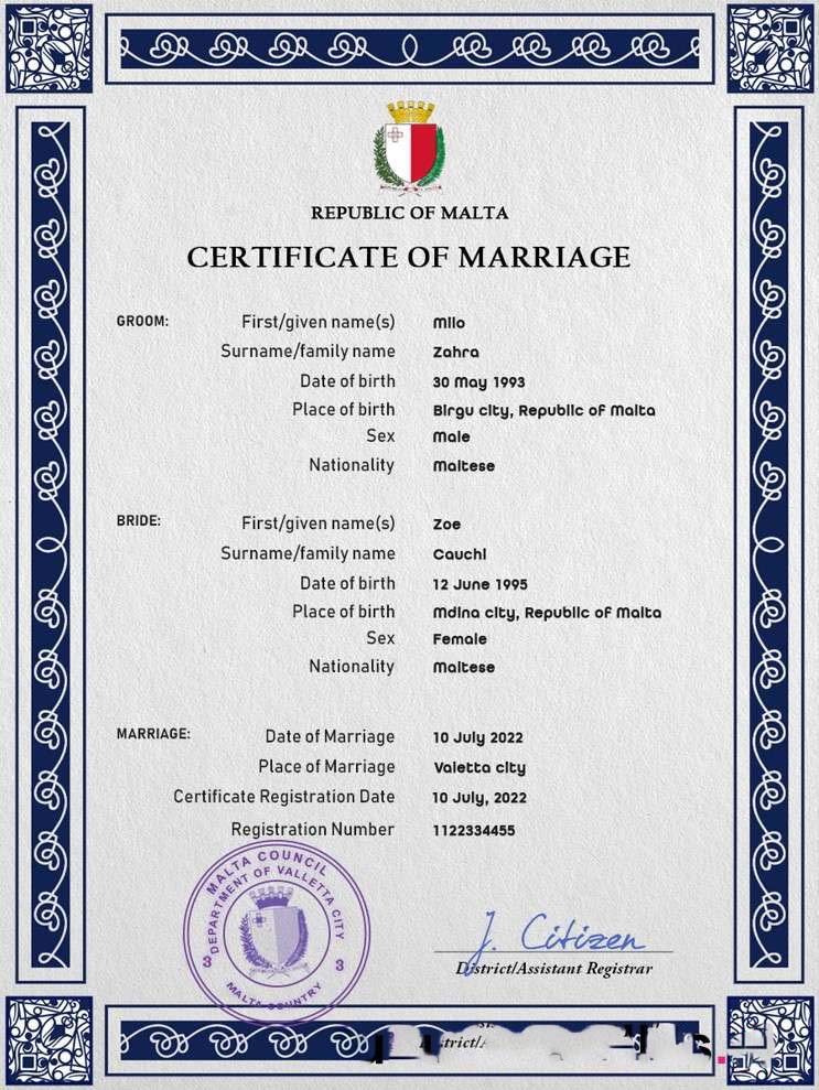 Malta marriage certificate PSD template download template file