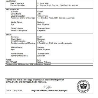 Australia Tasmania marriage certificate template in Word download template file