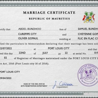 Mauritius marriage certificate PSD template download template file
