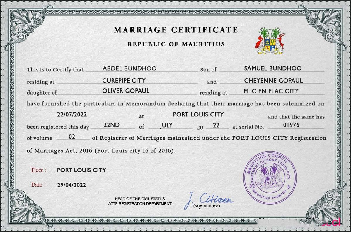Mauritius marriage certificate PSD template download template file
