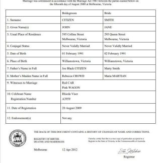 Australia Victoria marriage certificate template in Word download template file