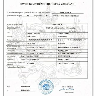 MONTENEGRO (Crna Gora) marriage certificate download template file