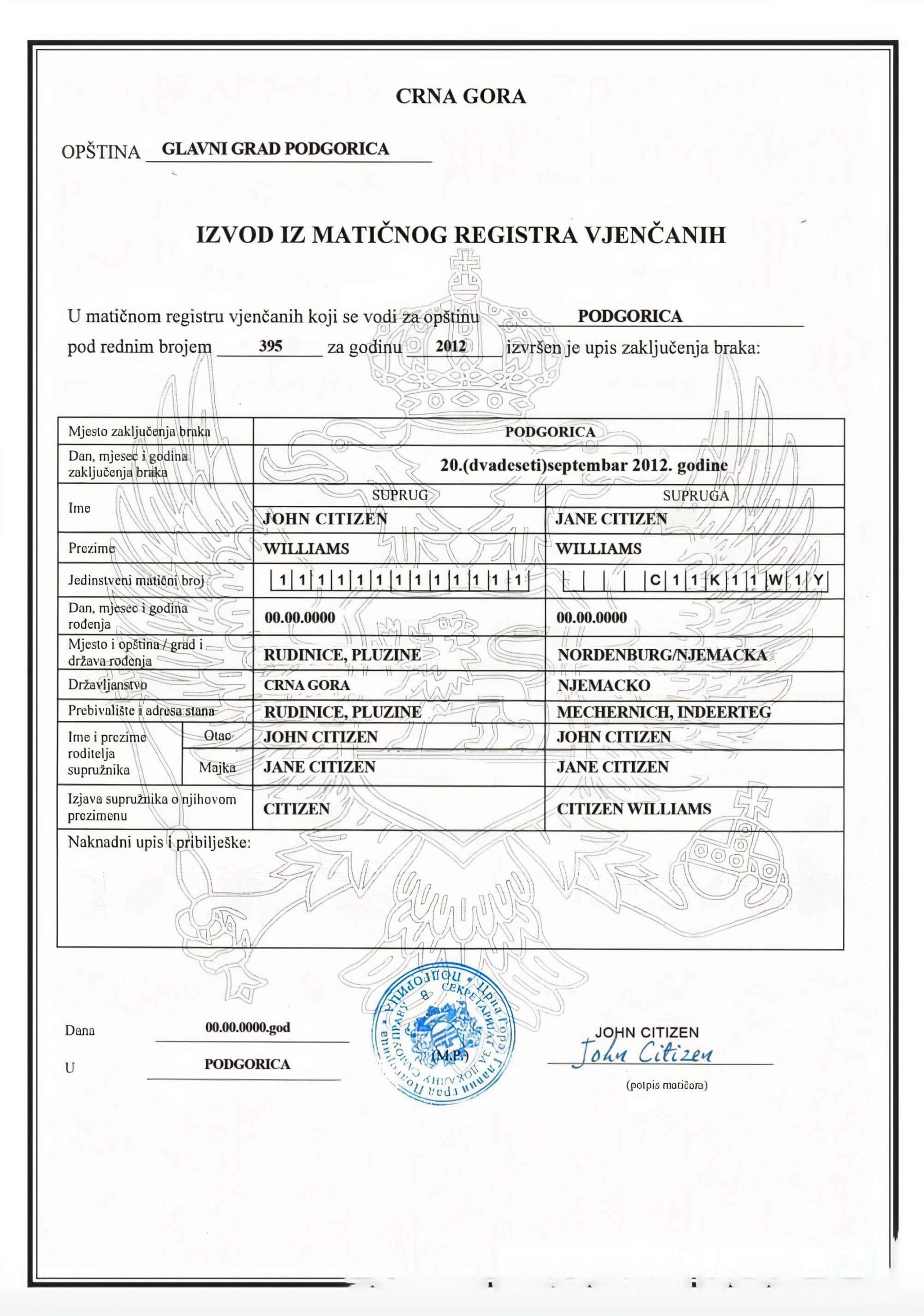 MONTENEGRO (Crna Gora) marriage certificate download template file