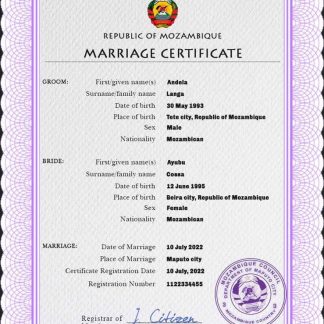 Mozambique marriage certificate PSD template download template file