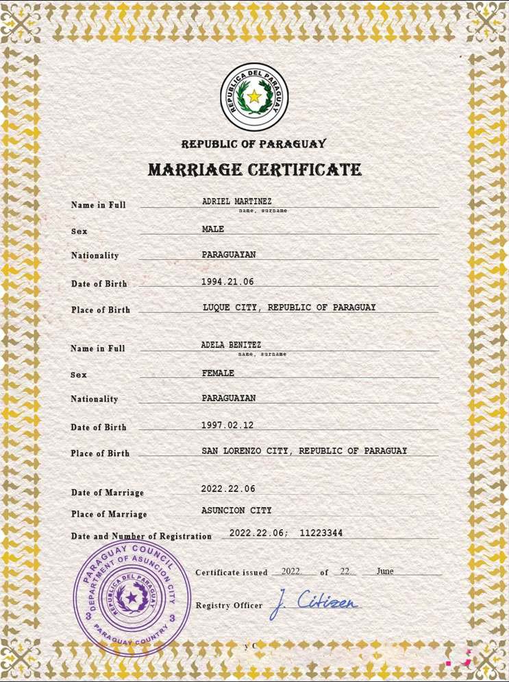Paraguay marriage certificate PSD template download template file
