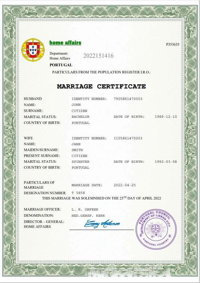 Portugal marriage certificate Word and PDF template download template file