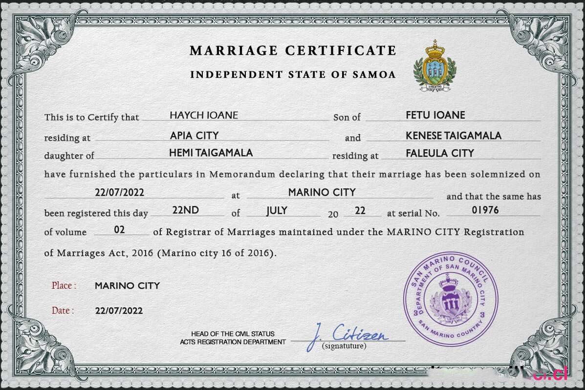 Samoa marriage certificate PSD template download template file