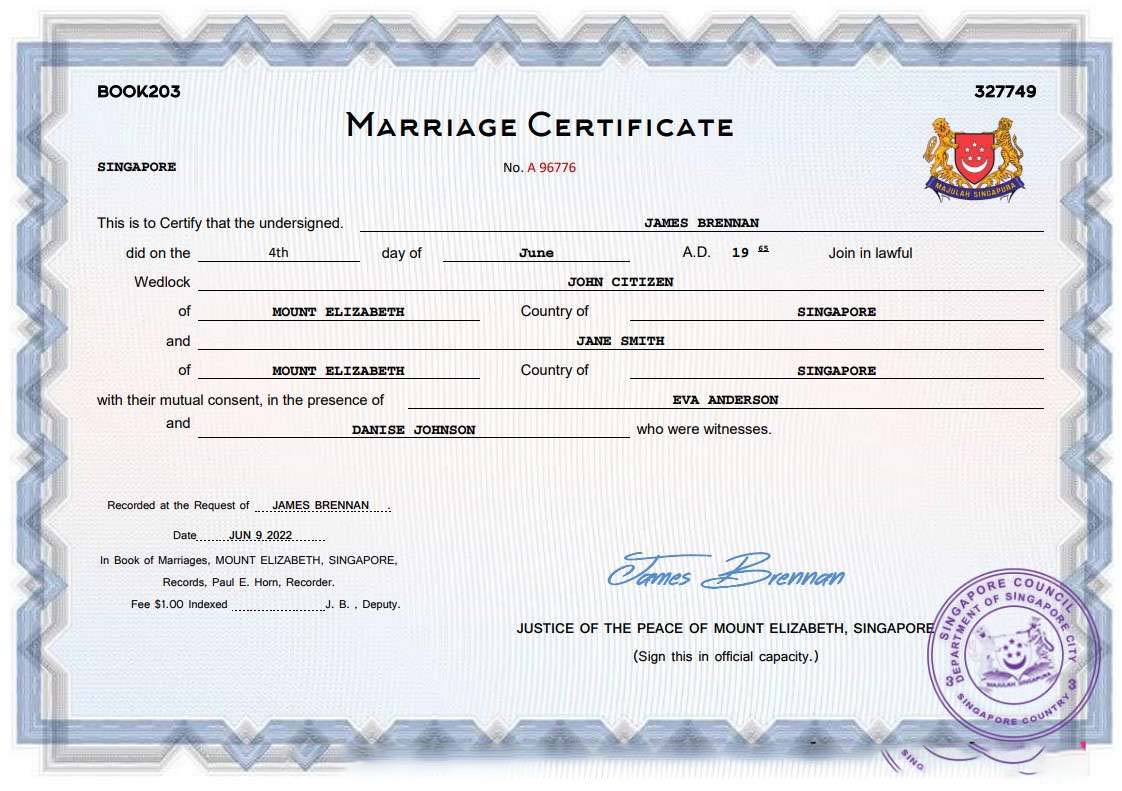 Singapore marriage certificate Word and PDF template download template file