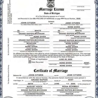 USA state Michigan Kent County marriage certificate template in PSD format, fully editable download template file