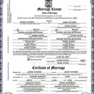 USA state Michigan Kent County marriage certificate template in PSD format, fully editable, version 2 download template file