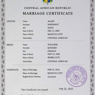 Central African Republic marriage certificate PSD template download template file