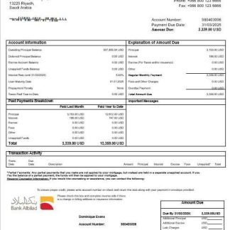 Saudi Arabia Bank Albilad mortgage statement in Word and PDF formats download template file