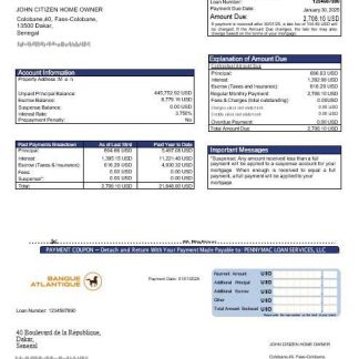 Senegal Banque Atlantique mortgage statement in Word and PDF formats download template file