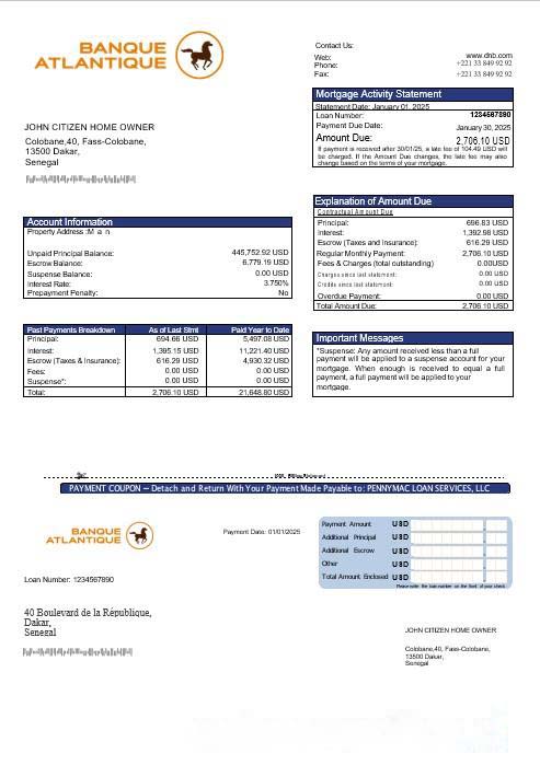 Senegal Banque Atlantique mortgage statement in Word and PDF formats download template file