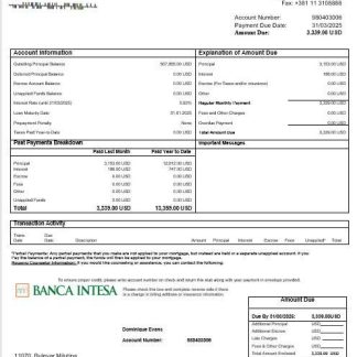 Serbia Banca Intesa mortgage statement in Word and PDF formats download template file