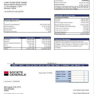 Serbia Societe Generale bank mortgage statement in Word and PDF formats download template file