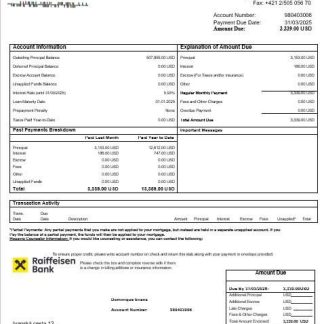 Slovakia Raiffeisen bank mortgage statement in Word and PDF formats download template file