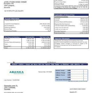 Slovenia Abanka bank mortgage statement in Word and PDF formats download template file