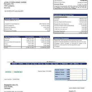 Slovenia Intesa Sanpaolo bank mortgage statement in Word and PDF formats download template file