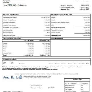Somalia Amal bank mortgage statement in Word and PDF formats download template file