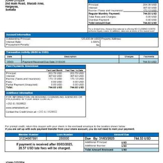 Somalia Amana bank mortgage statement in Word and PDF formats download template file