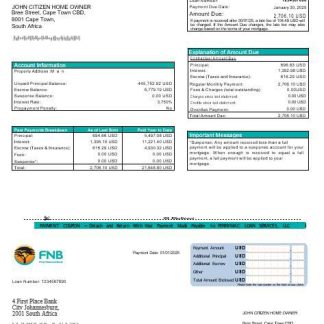 South Africa First National Bank (FNB) mortgage statement in Word and PDF formats download template file