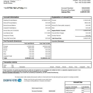 South Korea Daegu bank mortgage statement in Word and PDF formats download template file