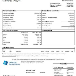 South Korea Industrial bank mortgage statement in Word and PDF formats download template file