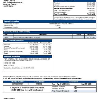 South Korea KDB bank mortgage statement in Word and PDF formats download template file
