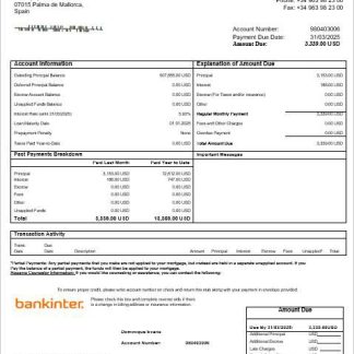 Spain Bankinter bank mortgage statement in Word and PDF formats download template file