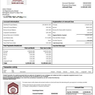 Sudanese National Bank mortgage statement in Word and PDF formats download template file