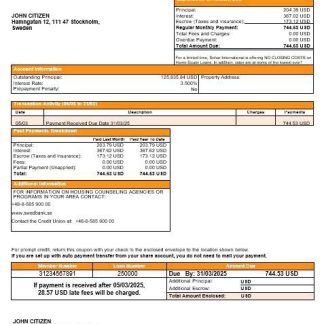 Swedish Swedbank bank mortgage statement in Word and PDF formats download template file