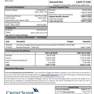 Swiss Credit Suisse bank mortgage statement in Word and PDF formats download template file