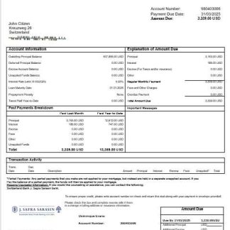 Switzerland Bank J. Safra Sarasin bank mortgage statement in Word and PDF formats download template file