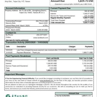 Taiwan Land Bank of Taiwan bank mortgage statement in Word and PDF formats download template file