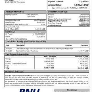 Timor Leste BNU bank mortgage statement in Word and PDF formats download template file