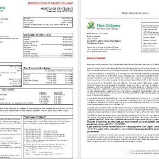 Trinidad and Tobago First Citizens Bank mortgage statement in Word and PDF formats, 3 pages 1 2 download template file