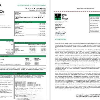 Uganda Bank of Africa mortgage statement in Word and PDF formats, 3 pages 1 2 download template file