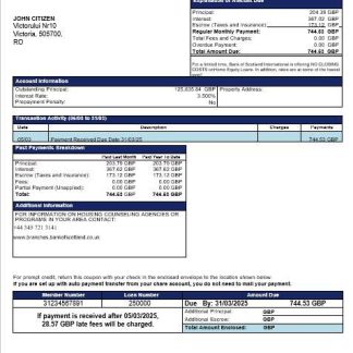 UK Bank of Scotland mortgage statement in Word and PDF formats download template file