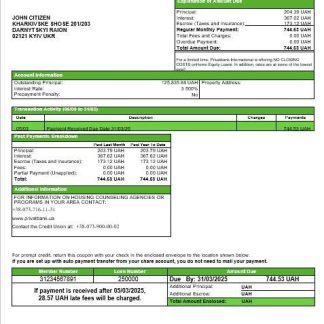 Ukrainian Privatbank bank mortgage statement in Word and PDF formats download template file