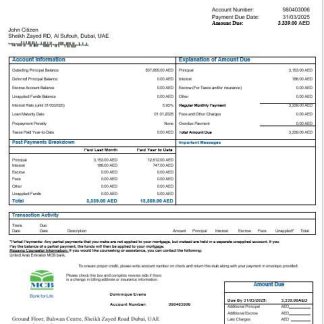 United Arab Emirates MCB bank mortgage statement in Word and PDF formats download template file