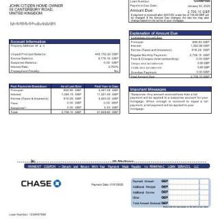 United Kingdom Chase bank mortgage statement in Word and PDF formats download template file