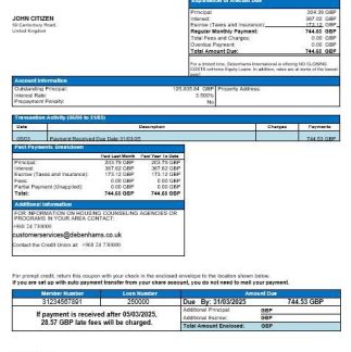 United Kingdom Debenhams mortgage statement in Word and PDF formats download template file